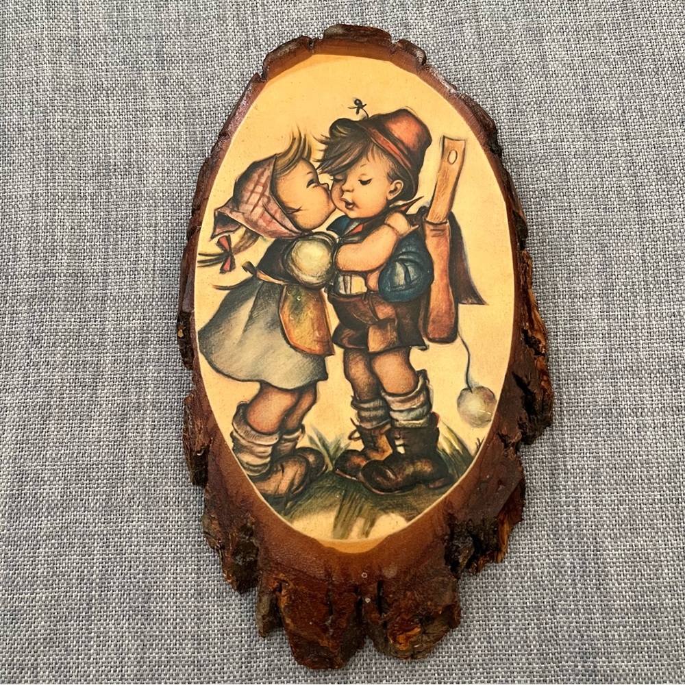 Vintage Hummel Painting Girl Kissing Boy on Cheek Wall Art 1960’s Wood Plaque